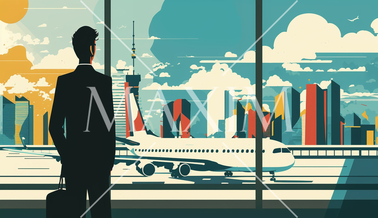 出張のため飛行場に行るビジネスマン