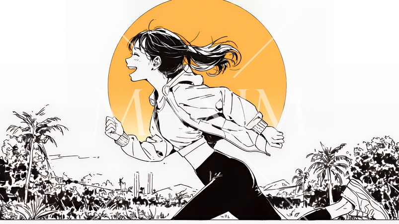 夕日を背景にジョギングをする若い女性（シンプルな色使い）