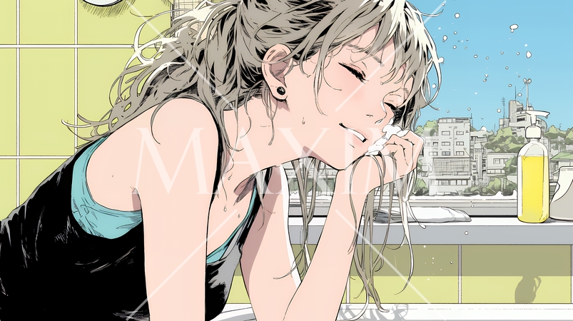 洗面所で朝の洗顔をする女性