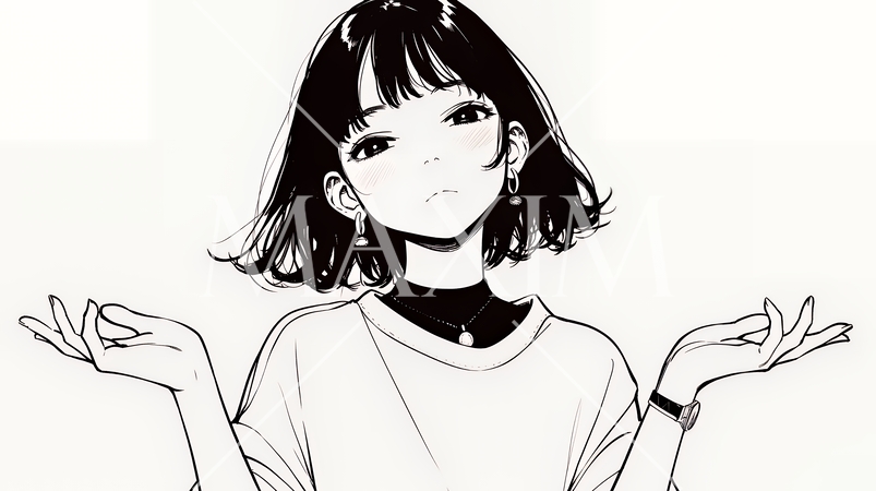 肩をすくめて困惑・諦めの仕草をしている若い女性（シンプルな色使い）