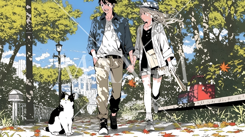 紅葉の小径を歩く若いカップル