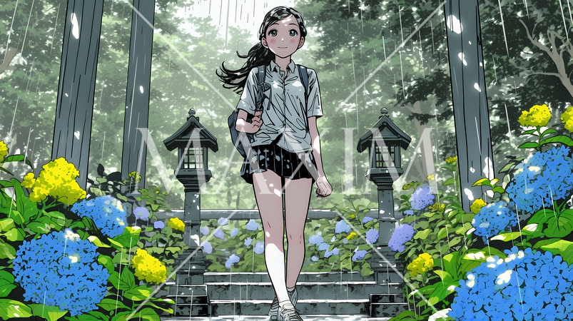 あじさいとカジュアルな服装の若い女性