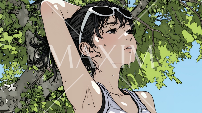 強烈な日差しでヘトヘト状態の女性（シンプルな色使い）