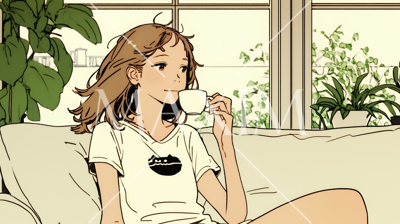 リビングで紅茶を飲んでいる女性（シンプルな色使い）