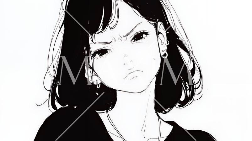 Noという表現を思いっきり顔に表しているる女性（シンプルな色使い）