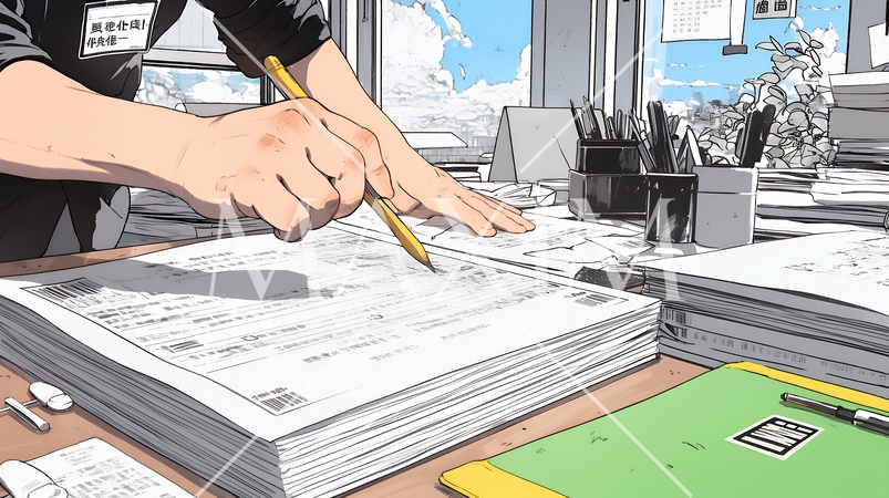 オフィスのデスクで、入念に書類をチェックする男性