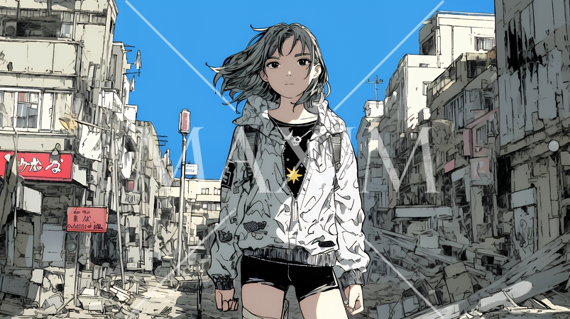 震災や空爆などで破壊された街で孤独に立ちすくむ若い女性