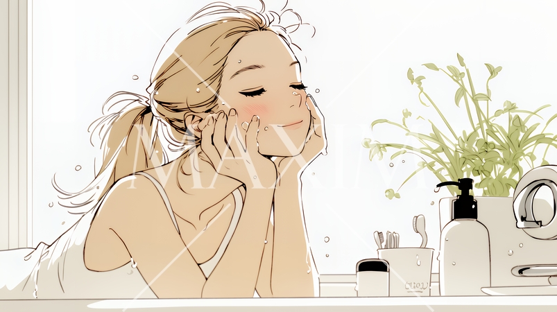 洗面所で朝の洗顔をする女性（シンプルな色使い）