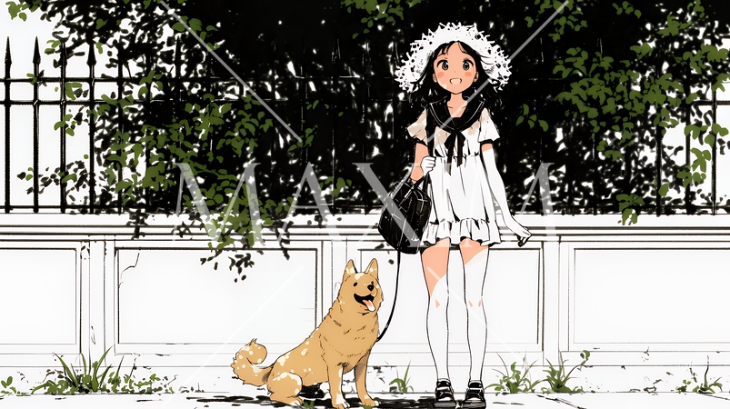 愛犬と散歩している若い女性（シンプルな色使い）