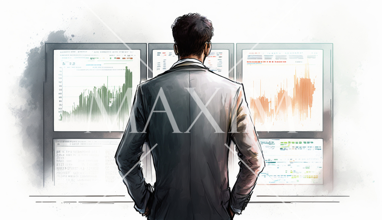 モニターに表示された株価チャートと注文画面を見つめる男性トレーダーの後ろ姿。