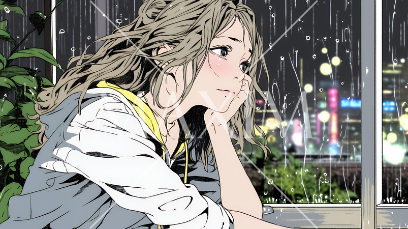 思案・反省・諦め? 窓から流れ落ちる雨粒を見つめる若い女性