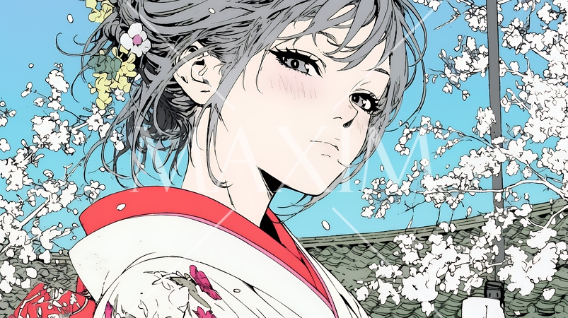 満開の梅の花と和服姿の若い女性