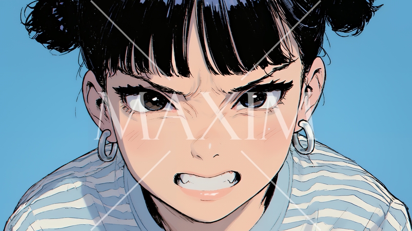 口と顔を歪めて嫌な感情を表している若い女性