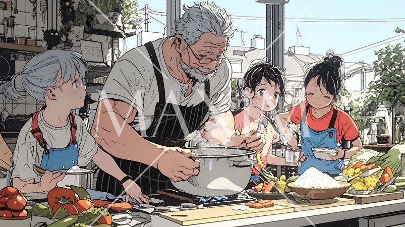 おじいさんが孫と一緒に料理を楽しそうに作っている