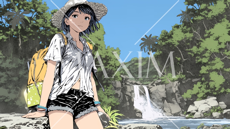 山原を一人で散策している若い女性