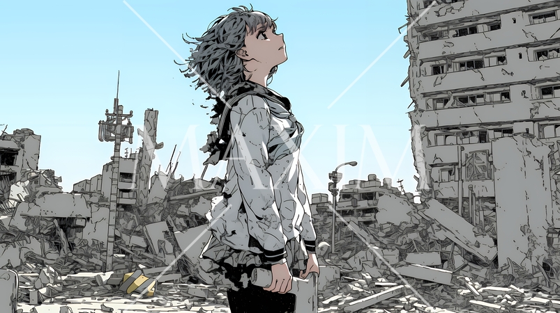 震災や空爆などで破壊された街で孤独に立ちすくむ若い女性