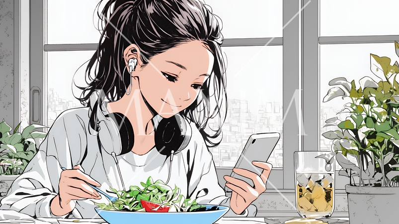 食事の最中もスマホを手放せない若い女性