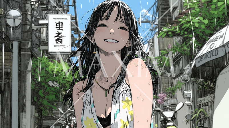 夏の急な雨でびしょ濡れの若い女性