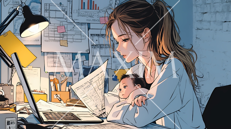 赤ん坊を抱きながらデスクワークをしている女性