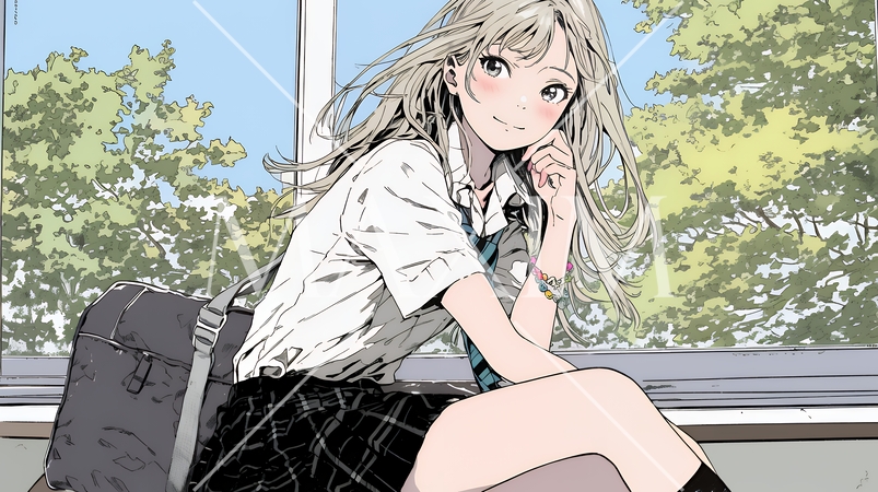 制服姿の女子高生：学校の窓辺にいる