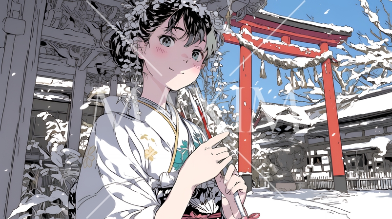 和服を着て初詣をしている若い女性