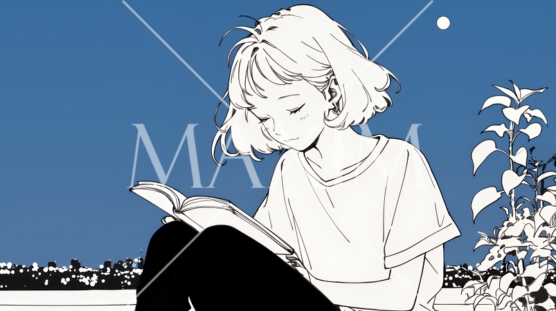 資料（本）を読みながら、うとうと眠ってしまう若い女性（シンプルな色使い）
