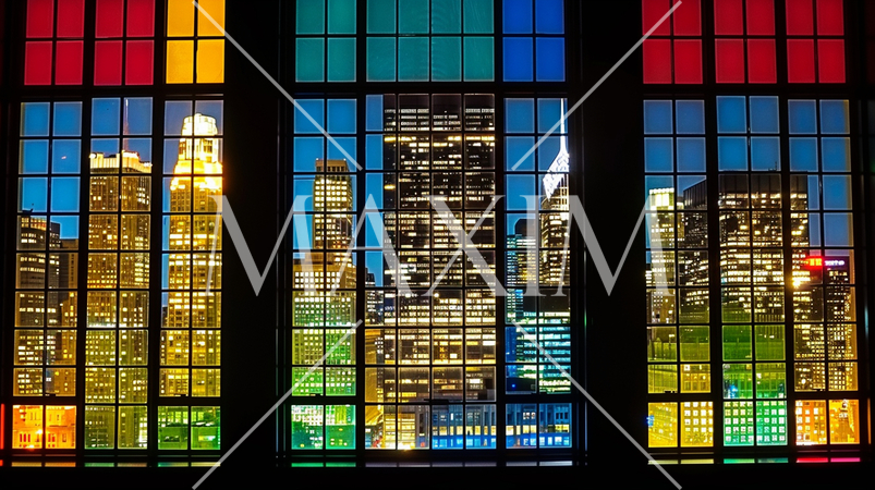 ステンドグラスのように見える高層ビル街の夜景