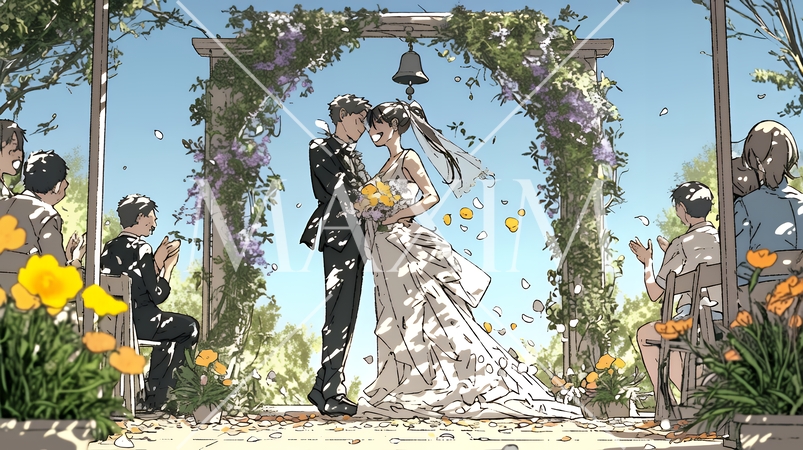 晴天の日のウェディングベルの鳴り響く中の結婚式