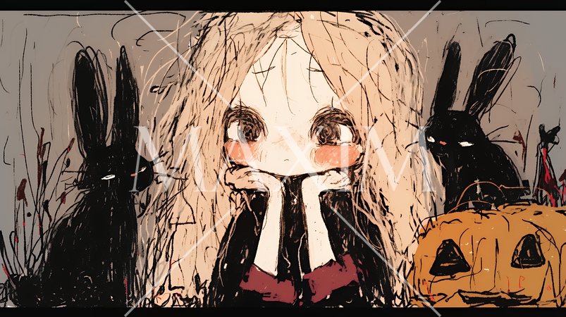 キモかわいいハロウィーンコスプレの女の子（クレヨンと水彩画風）