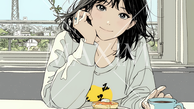 早朝のダイナー（喫茶店）でパンケーキ（モーニングセット）を食べる若い女性