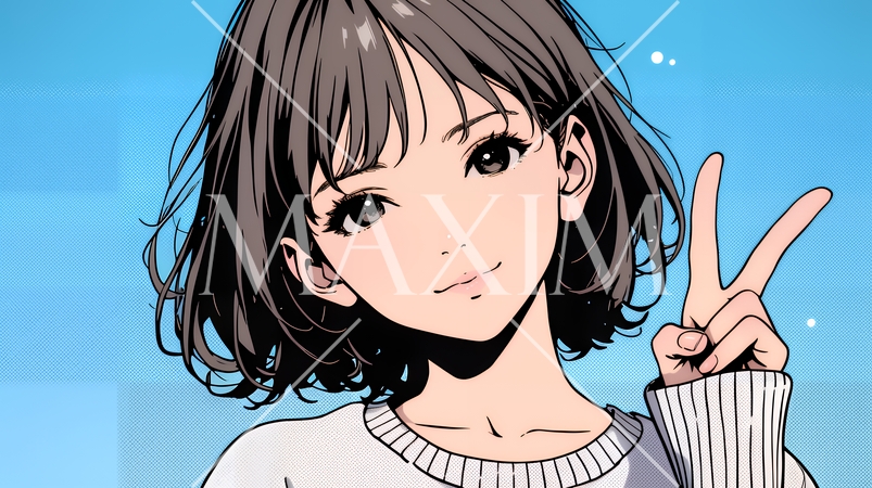 笑顔でピースサインを見せる若い女性