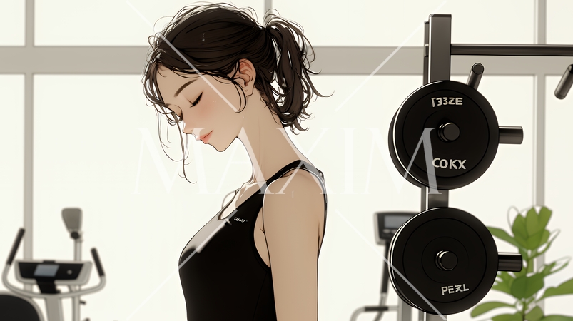 休日にジムで軽く運動する若い女性（シンプルな色使い）