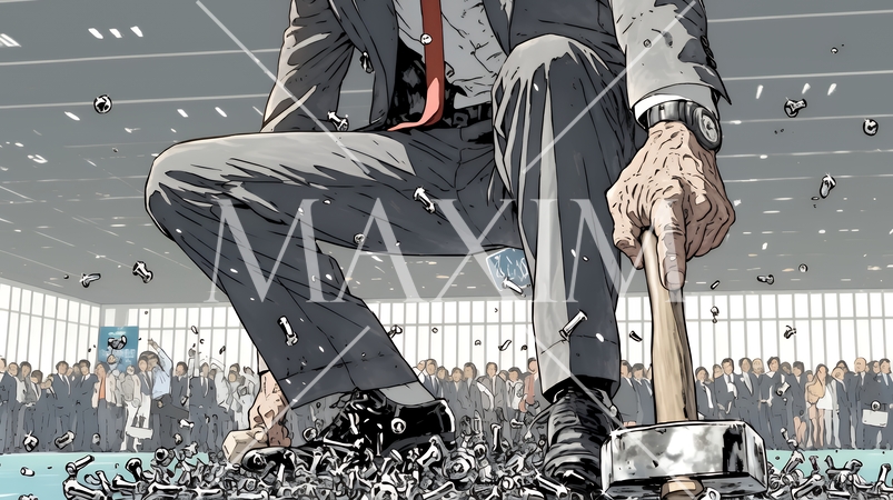 出る杭は打たれる；大勢の社員が見ている前で飛び出した釘を叩きのめしている