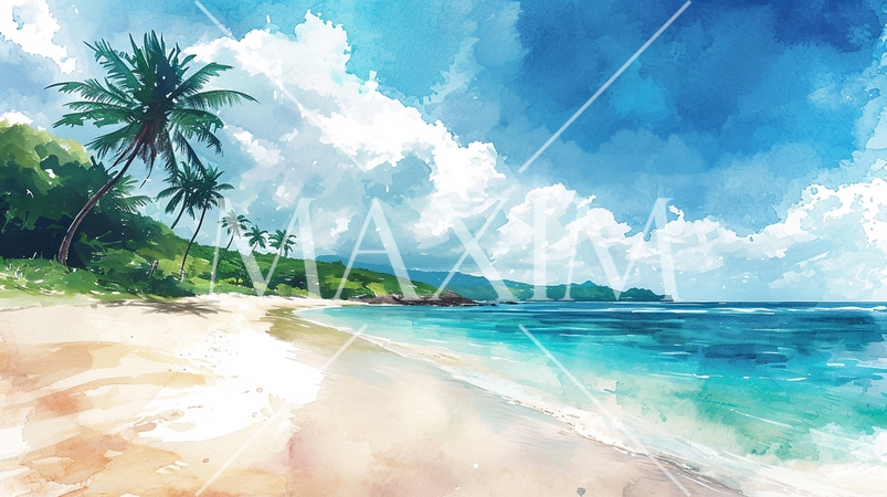 南国の島の浜辺と青い空のイラスト