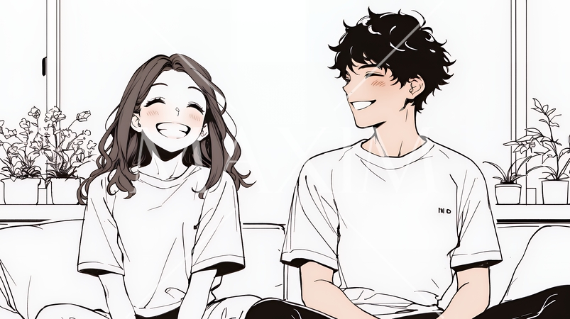 幸せそうなカップル：リビングルームて談笑（シンプルな色使い）