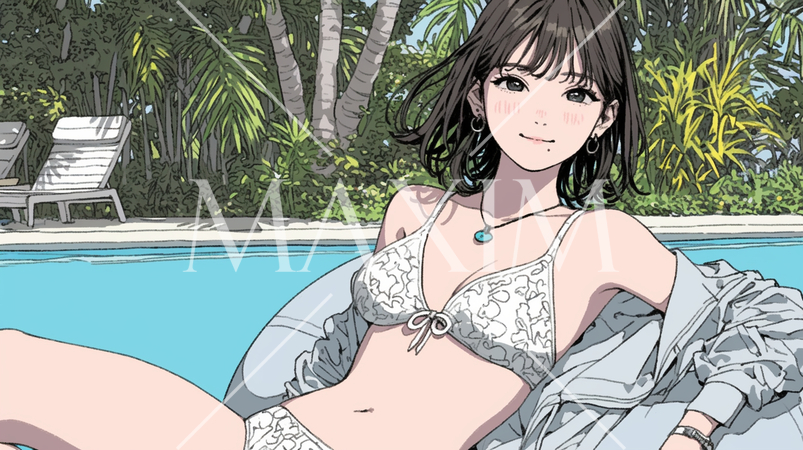 南国のリゾートホテルのプールにビキニ姿でいる若い女性