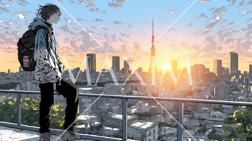 大都会の日没（日の出）とランドスケープを眺めている若い男性