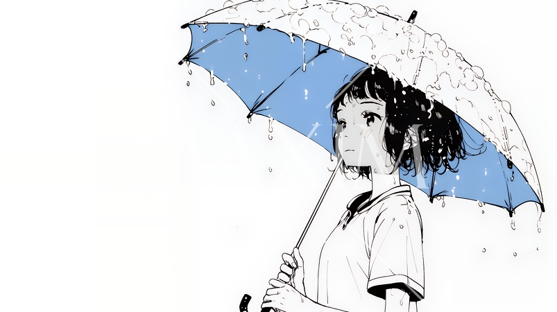 雨の中を歩く女性（シンプルな色使い）