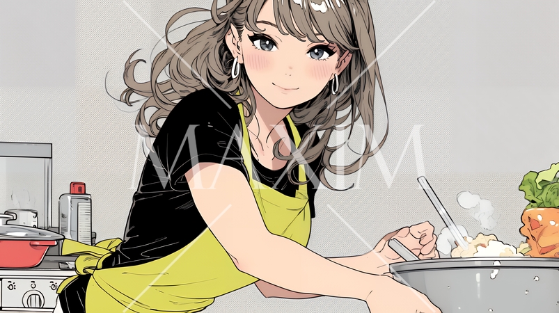 なれない料理に奮闘中の若い女性