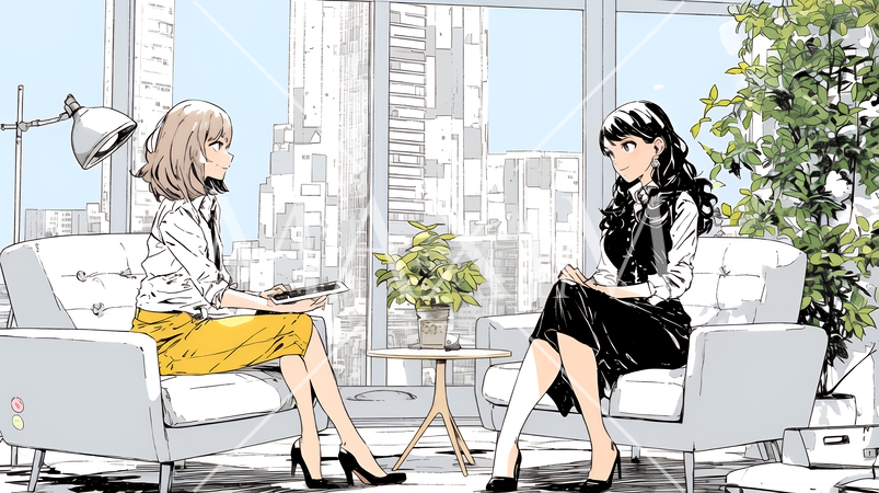 二人でミーティング（面談・インタビュー・会議）の場面