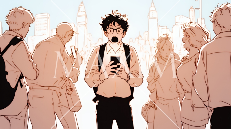 スマホの画面を見て驚いている若い男性（シンプルな色使い）