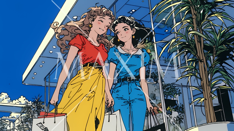 女友達と一緒にショッピングモールを歩き回る若い女性