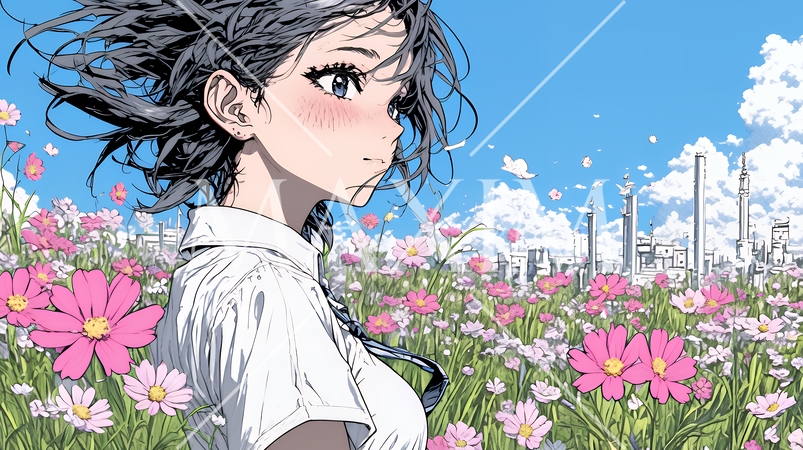 コスモス畑にいる若い女性