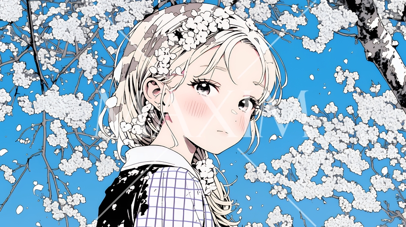 満開の梅の花と和服姿の若い女性