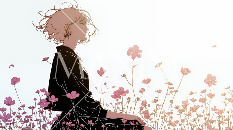 コスモス畑にいる若い女性（シンプルな色使い）