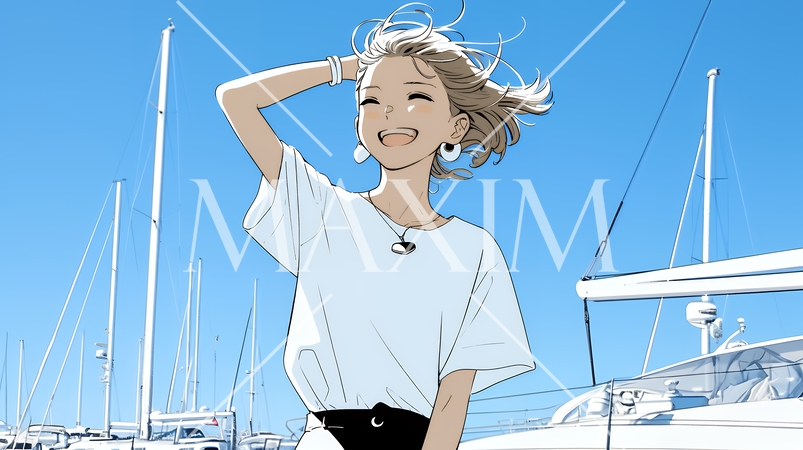 沖縄のヨットハーバーに立つ若い女性（シンプルな色使い）