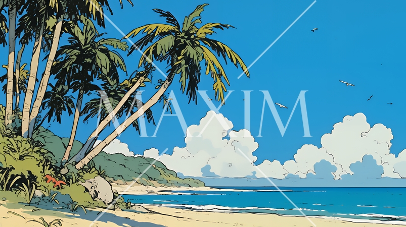 やしの木と海岸と海と青空がきれいな南国のリゾート：コピースペースあり