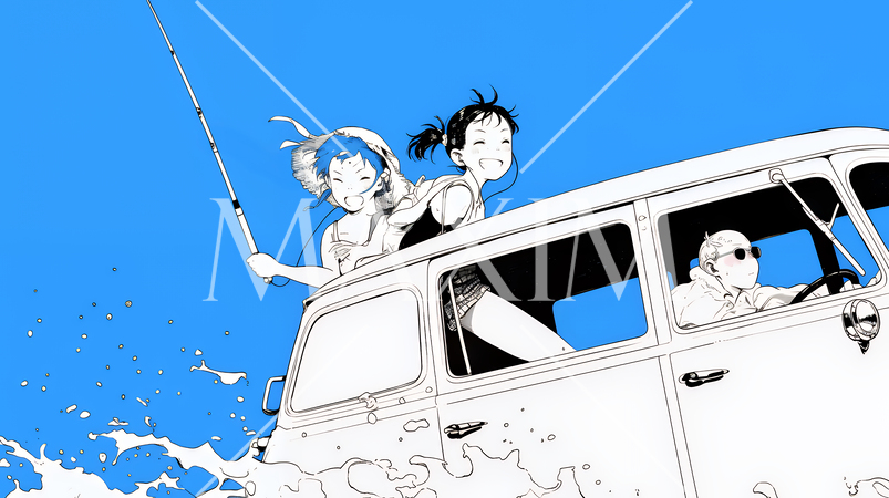 夏休みの思い出：友達と- ウォーターフォーディング（水辺のドライブ）（シンプルな色使い）