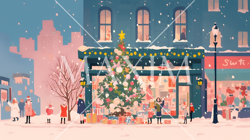 イルミネーションが彩るホワイトクリスマスの都会（ポップでキュートな表現）