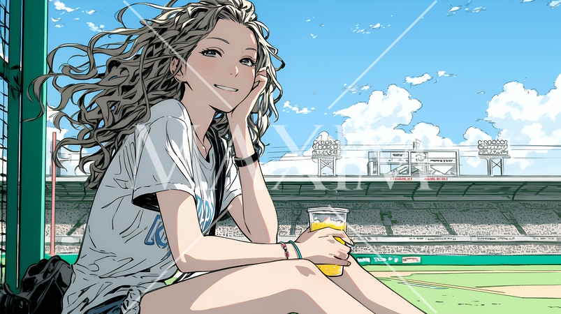 野球などの屋外スポーツを観戦しながら、ビールを楽しむ若い女性。